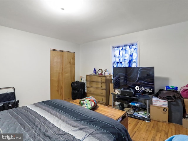 bedroom featuring hardwood / wood-style floors and a closet