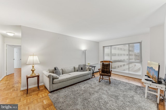 living room with parquet floors