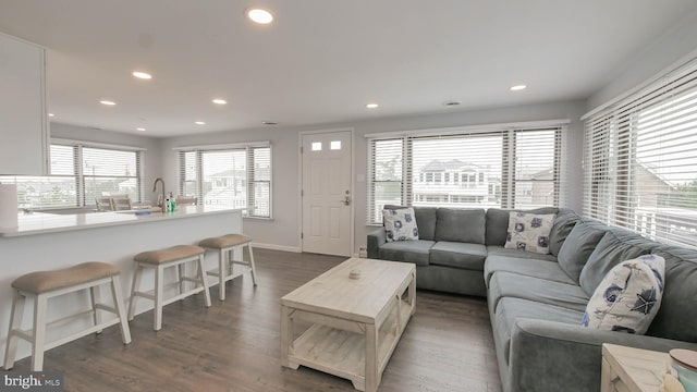 living room with dark hardwood / wood-style flooring and plenty of natural light