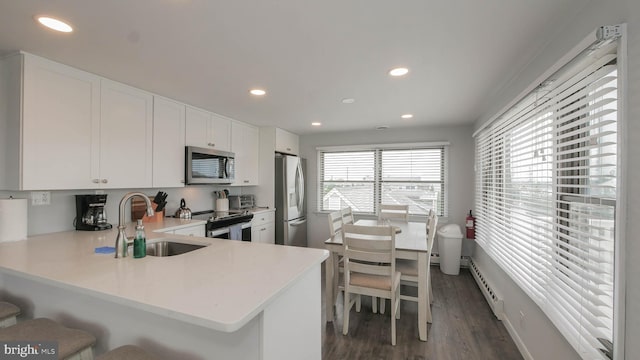 kitchen with kitchen peninsula, stainless steel appliances, sink, dark hardwood / wood-style floors, and white cabinetry