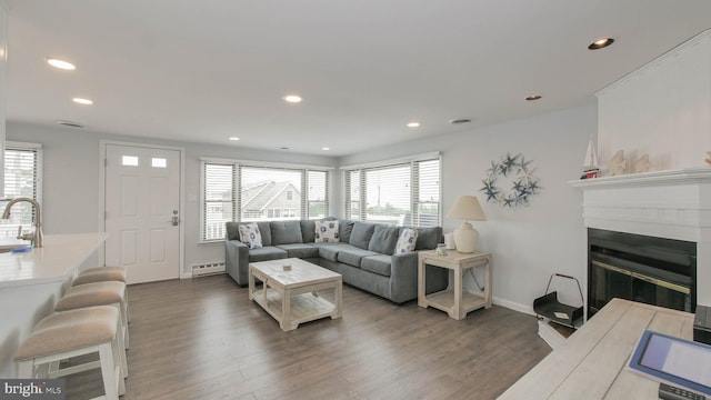 living room featuring baseboard heating, dark hardwood / wood-style flooring, a healthy amount of sunlight, and sink