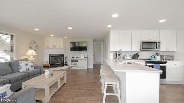 kitchen featuring sink, dark hardwood / wood-style flooring, kitchen peninsula, a fireplace, and appliances with stainless steel finishes