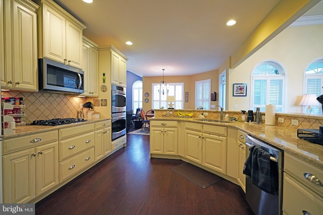 kitchen featuring plenty of natural light, dark wood-type flooring, stainless steel appliances, and decorative light fixtures