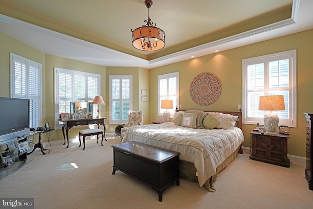 carpeted bedroom with crown molding and a tray ceiling