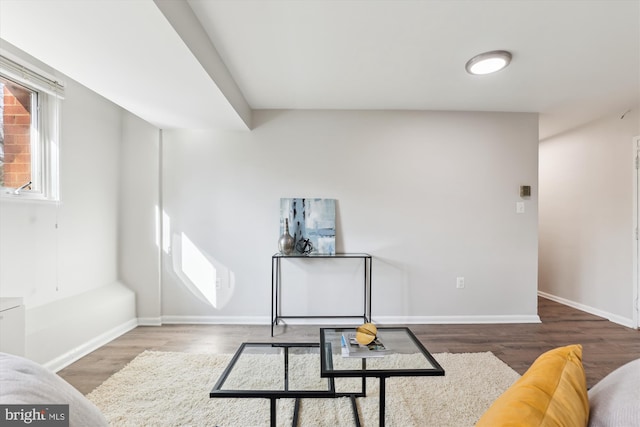 living room with dark hardwood / wood-style flooring