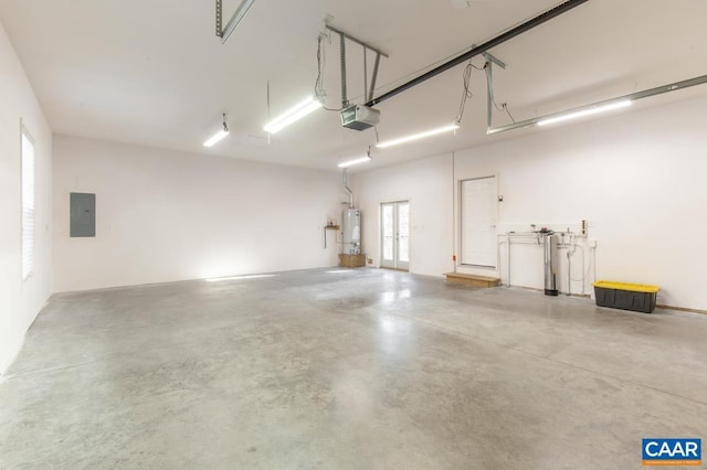 garage with electric panel, french doors, a garage door opener, and gas water heater