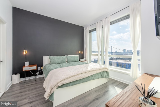 bedroom with dark hardwood / wood-style floors