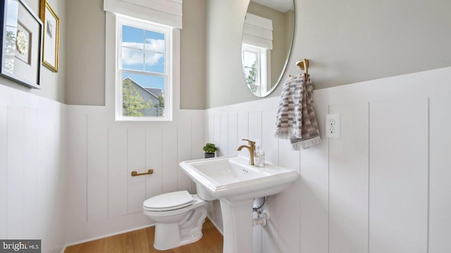 bathroom with hardwood / wood-style floors and toilet