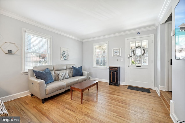 living room featuring light hardwood / wood-style flooring and crown molding