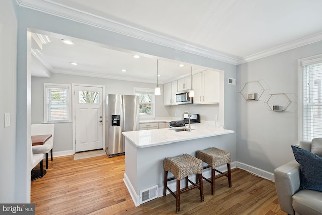 kitchen featuring kitchen peninsula, a wealth of natural light, light wood-type flooring, and appliances with stainless steel finishes