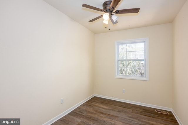 empty room featuring ceiling fan and dark wood-type flooring