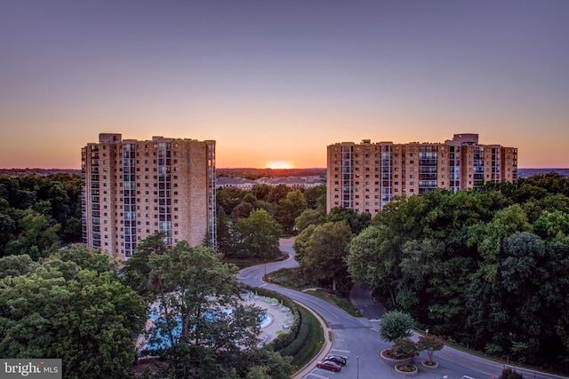 aerial view at dusk with a view of city