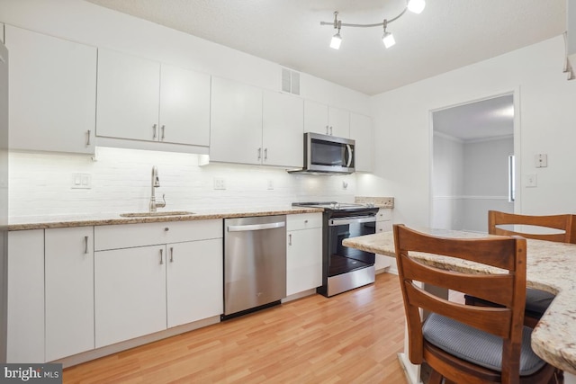 kitchen with stainless steel appliances, a sink, white cabinets, light wood finished floors, and tasteful backsplash