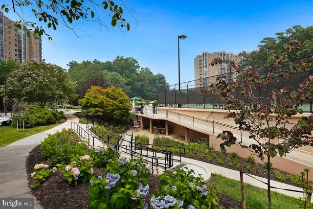 view of community featuring fence