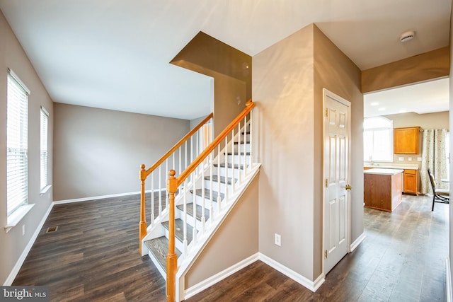 staircase with a wealth of natural light and hardwood / wood-style floors