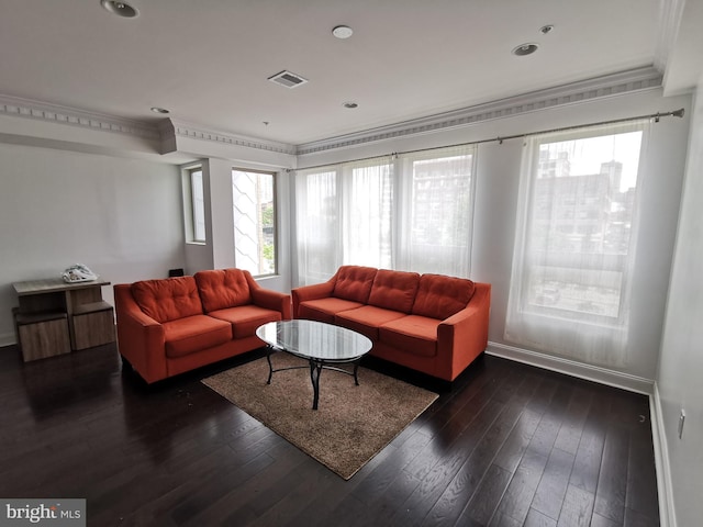 living room featuring dark hardwood / wood-style floors, a wealth of natural light, and crown molding