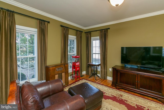 living room with ornamental molding and light hardwood / wood-style floors