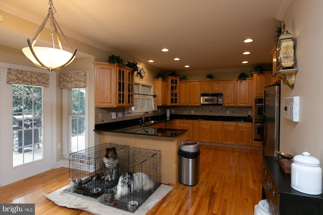 kitchen featuring appliances with stainless steel finishes, tasteful backsplash, sink, hanging light fixtures, and light hardwood / wood-style flooring