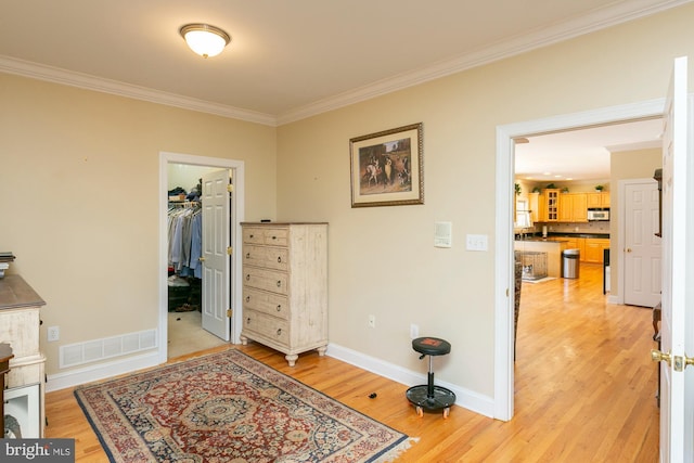 interior space with a spacious closet, ornamental molding, light hardwood / wood-style floors, and a closet