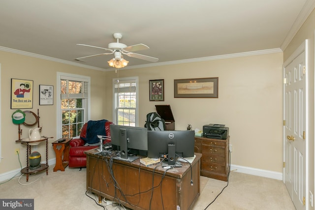 office area with light carpet, crown molding, and ceiling fan