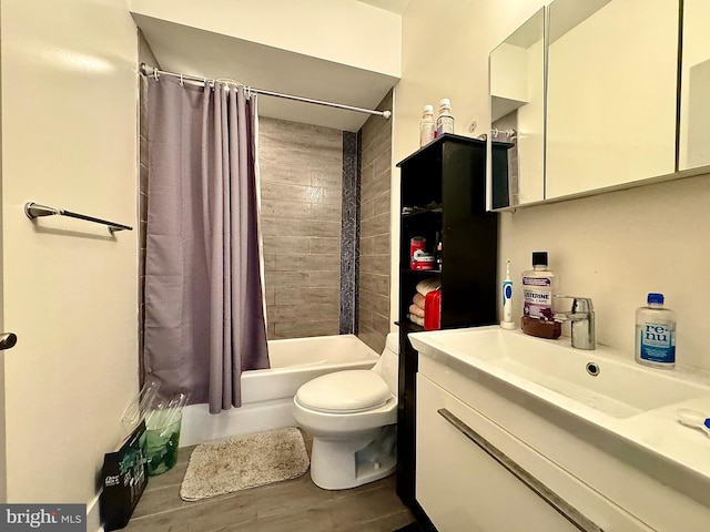 full bathroom with toilet, vanity, shower / tub combo, and hardwood / wood-style flooring