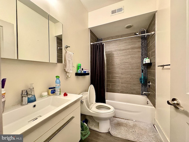 full bathroom with toilet, vanity, shower / tub combo, and hardwood / wood-style flooring