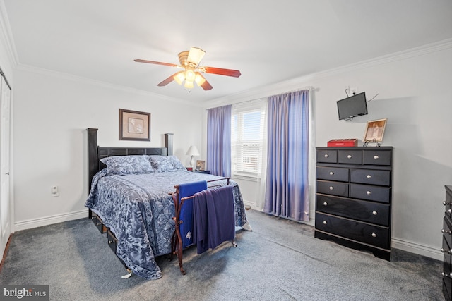 carpeted bedroom featuring ceiling fan and ornamental molding