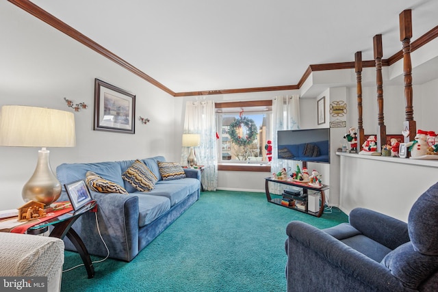 living room with carpet floors and crown molding