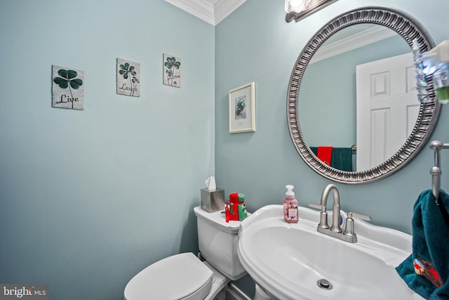 bathroom featuring toilet, ornamental molding, and sink