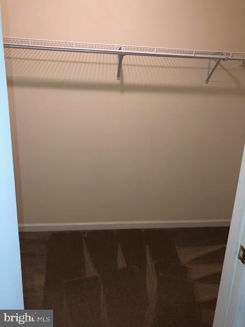 walk in closet with dark carpet