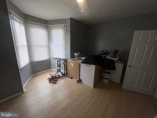 workout area featuring ceiling fan and light hardwood / wood-style floors