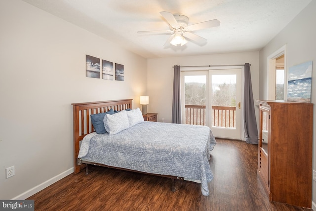 bedroom with ceiling fan, dark wood-type flooring, and access to outside