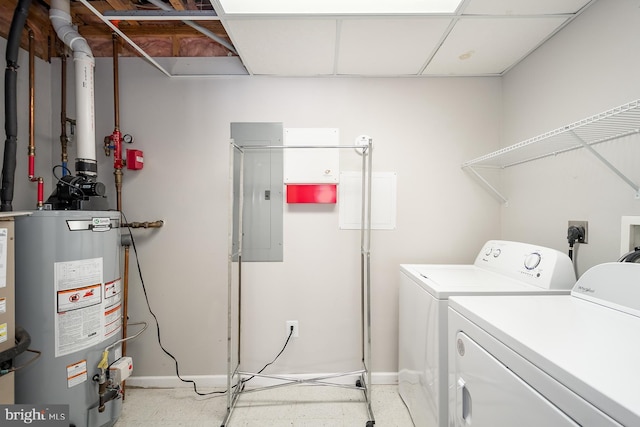 laundry area with independent washer and dryer, electric panel, and water heater