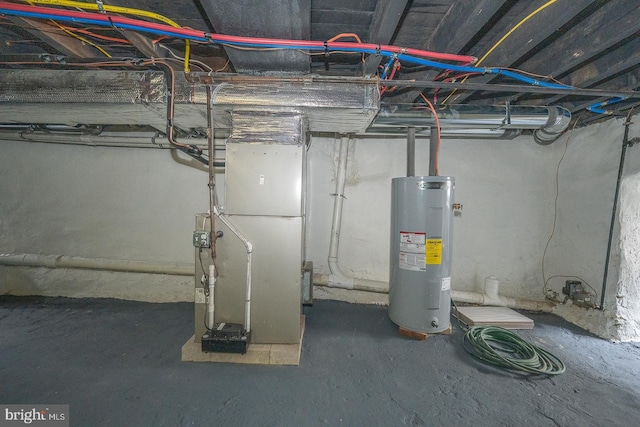 basement with heating unit and water heater