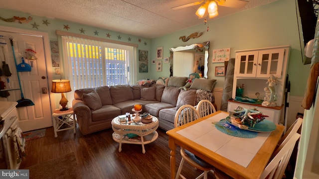 living room featuring ceiling fan, dark hardwood / wood-style floors, and a textured ceiling