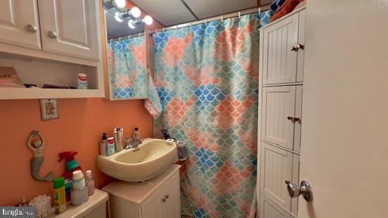 bathroom with a shower with curtain and vanity