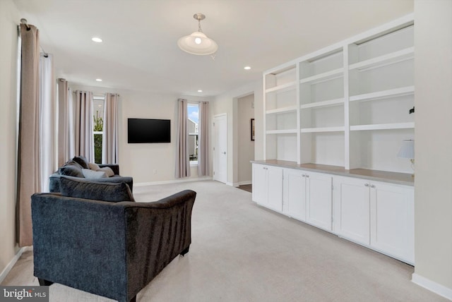 living room with light colored carpet