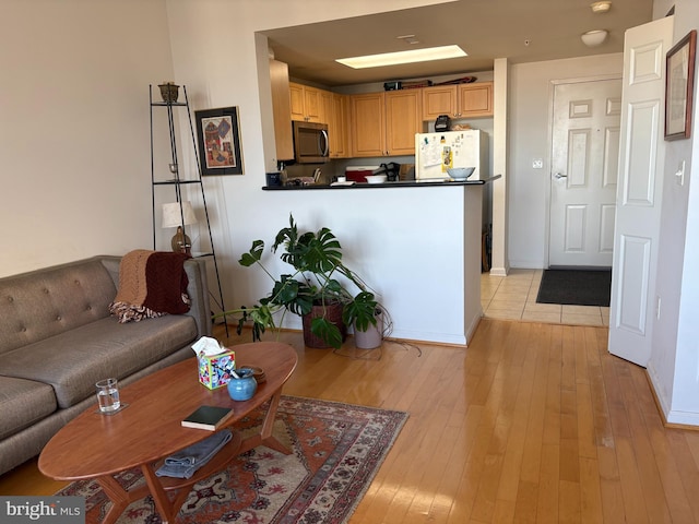 living room with a skylight and light wood-type flooring