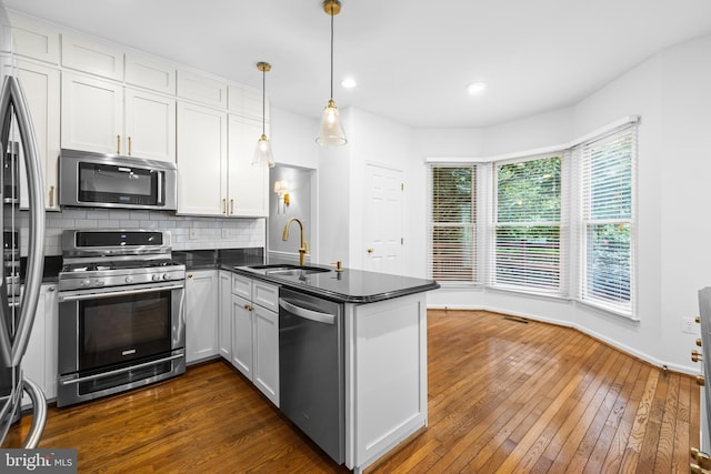 kitchen featuring dark wood-type flooring, white cabinets, sink, kitchen peninsula, and stainless steel appliances