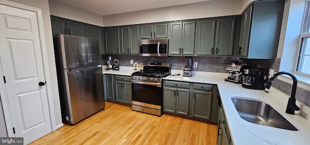 kitchen with backsplash, sink, light hardwood / wood-style floors, and appliances with stainless steel finishes