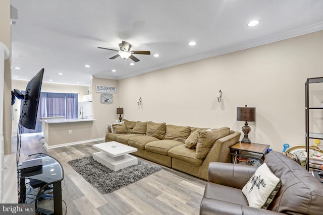 living room with ceiling fan, ornamental molding, and light hardwood / wood-style flooring