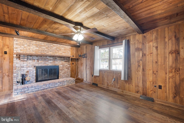 unfurnished living room featuring beamed ceiling, dark wood-type flooring, wooden walls, and wooden ceiling