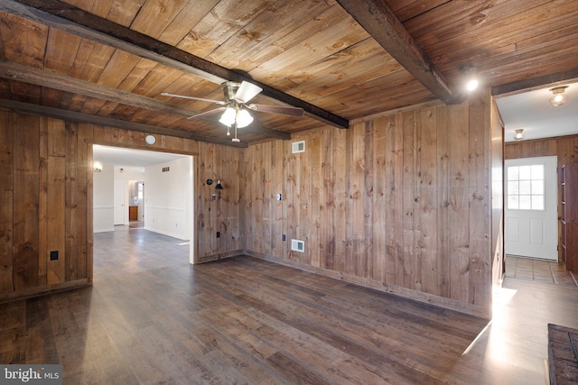 spare room with beamed ceiling, dark hardwood / wood-style floors, ceiling fan, and wood ceiling