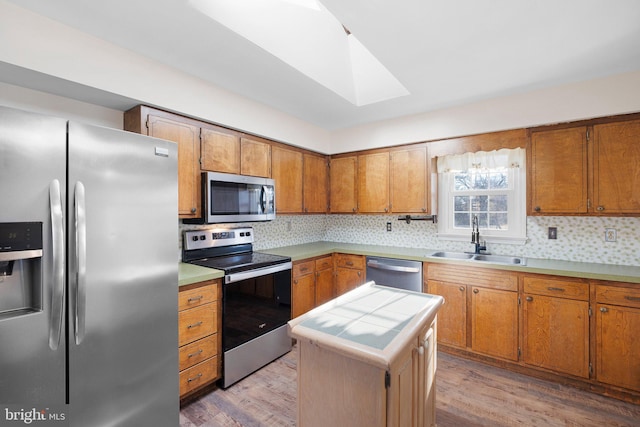 kitchen with sink, a center island, light hardwood / wood-style flooring, backsplash, and appliances with stainless steel finishes