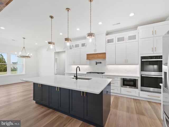 kitchen featuring a kitchen island with sink, white cabinets, pendant lighting, and appliances with stainless steel finishes