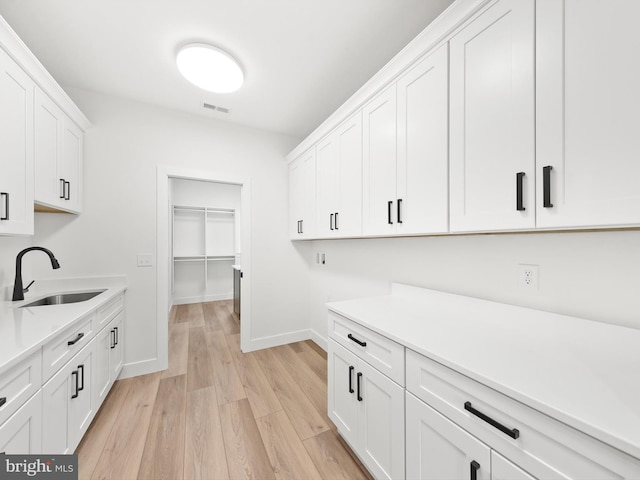 clothes washing area featuring light wood-type flooring and sink