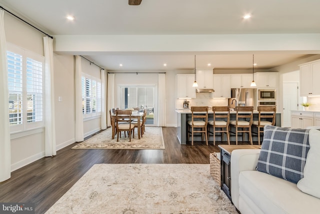 living room with a fireplace and dark hardwood / wood-style flooring