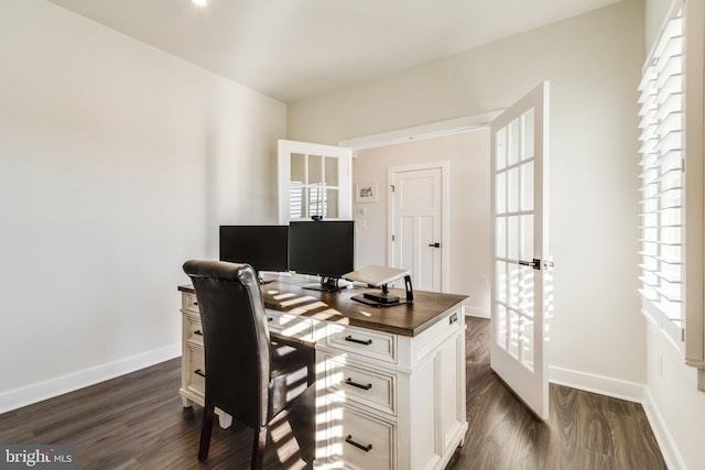 office featuring french doors, dark hardwood / wood-style flooring, and a wealth of natural light