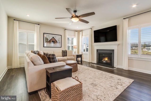 living room with dark hardwood / wood-style floors, a healthy amount of sunlight, and ceiling fan