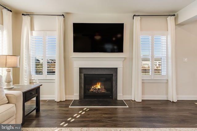 living room featuring a wealth of natural light and dark wood-type flooring